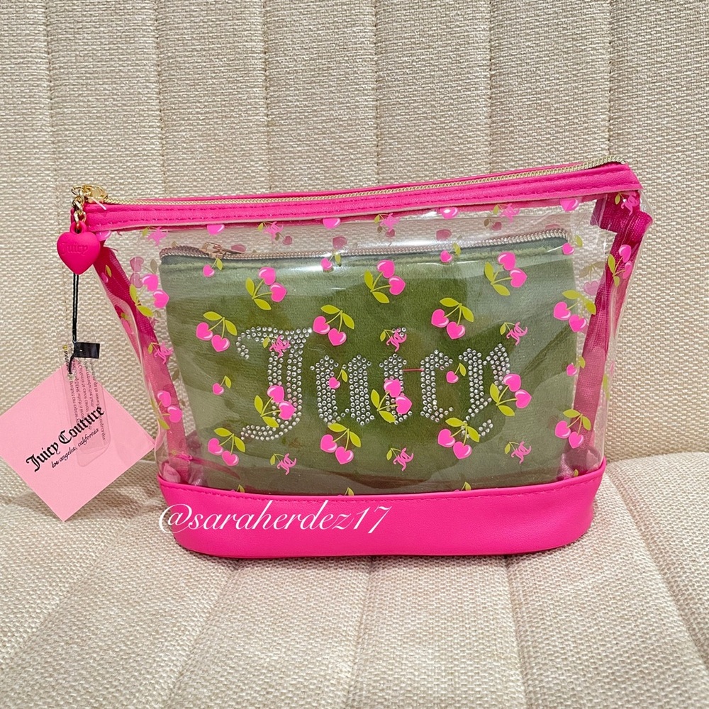 Juicy Couture Pink Cherry Clear Cosmetic Bag &‎ Olive Green Velour Pouch 2pc Set